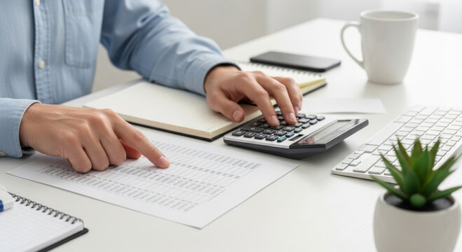 Accountant calculator desk paper spreadsheet finance tax budget financial accounting payment debt office report notebook keyboard mug plant smartphone hands person male business analysis audit