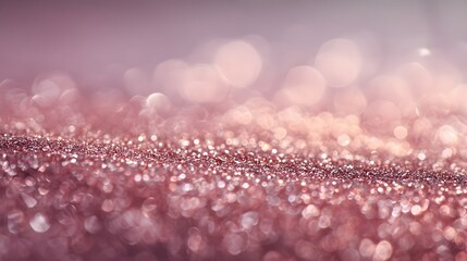 Close up of shimmering rose gold glitter texture with soft bokeh background