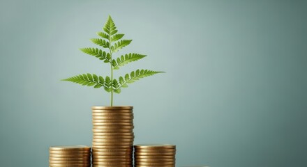 A green fern growing on a stack of coins.