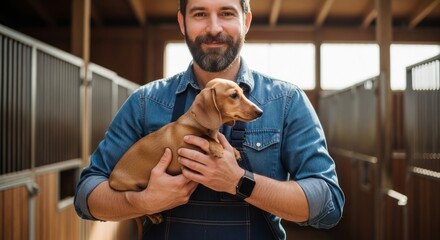 A man holding a small brown dog in a barn.