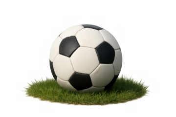 Soccer ball in classic white and black design resting on a small patch of green grass, isolated with a transparent background