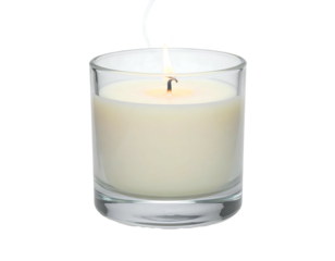 Lit candle in glass holder against a black background, smoke rising from the wick