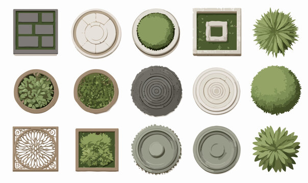 Comprehensive top-down vector collection showcasing various plants and decorative planters, essential for architectural drawings and urban landscape design.