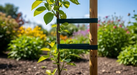 Young tree supported by a wooden stake and straps in a garden.