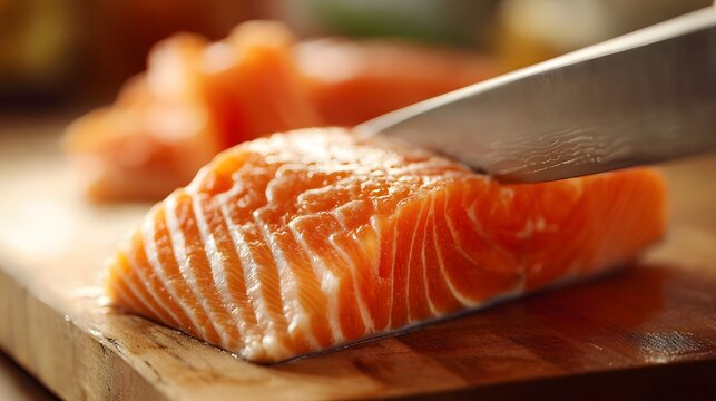 Raw salmon fillet being sliced with a sharp metal utensil on a wooden surface