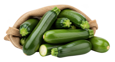 Fresh green zucchini in a burlap sack isolated on white background