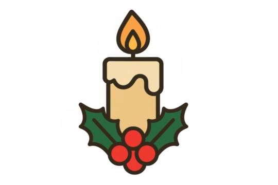 Christmas candle icon with a vibrant flame, surrounded by festive holly leaves and red berries on a transparent background