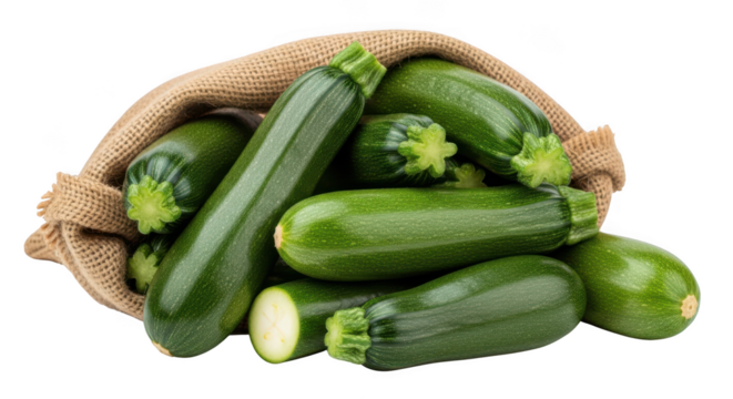 Fresh green zucchini in a burlap sack isolated on white background