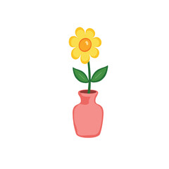 Cute Yellow Flower in Pink Vase,Simple Daisy Flower in Vase Illustration