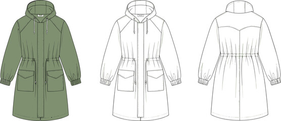 Hooded parka jacket fashion flat sketch, vector technical drawing, utility pockets outerwear, drawstring waist coat, CAD garment design illustrationHooded parka jacket fashion flat sketch © Creative Asif