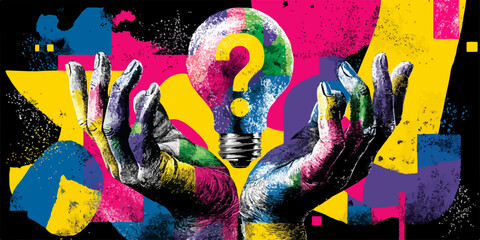 This vibrant vector illustration depicts hands supporting a colorful lightbulb with a question mark, symbolizing creative thinking and innovative solutions.