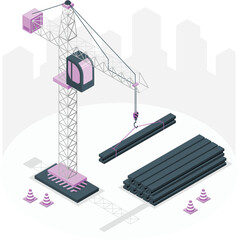 Isometric construction crane lifting steel beams with safety cones industrial building