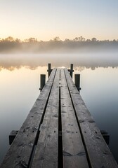 Obraz premium Wooden Pier Extending into a Misty Lake at Sunrise.
