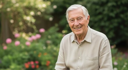 An elderly man with white hair standing in a garden with pink flowers.