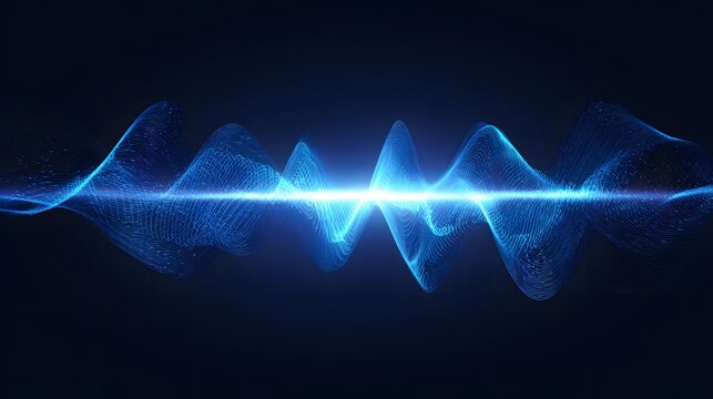 Dynamic glowing blue particle wave oscillates across a dark background with central illumination