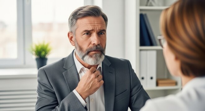 A man in a suit adjusting his tie in an office setting.