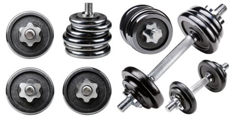 Various Dumbbells and Weight Plates for Home Fitness Training, isolated on transparent background