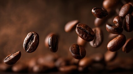 Fototapeta premium Roasted coffee beans are captured midair against a rich brown background.