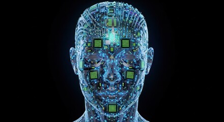 A futuristic, robotic head with electronic components and glowing blue lights.