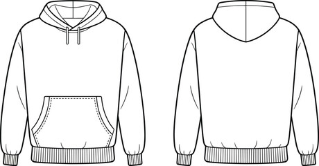 Hoodie fashion template, sweatshirt garment design, flat sketch CAD vector illustration, casual clothing technical drawing, kangaroo pocket hoodie apparel, front back view