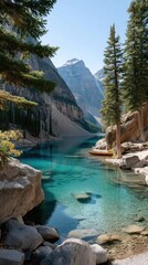 Turquoise Mountain Lake With Rocky Shoreline And Tall Evergreen Trees Under Bright Blue Sky