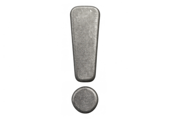 Exclamation mark metal symbol representing alert, warning, problem, danger, and attention with a transparent background