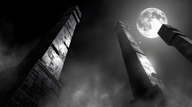 Dark monolithic structures rise dramatically toward a bright full moon in a somber night scene