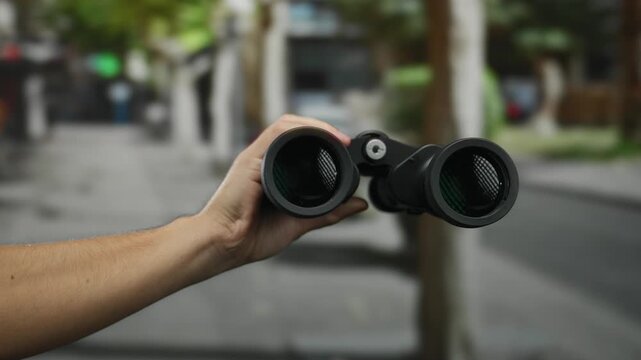 Man holding binoculars with a focus on hand on a city street showcasing caucasian skin for observation or surveillance, urban environment blurred in background.