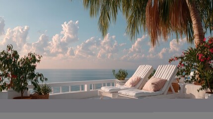 Two White Lounge Chairs With Pink Cushions Sit On A White Balcony Overlooking A Tropical Ocean View With Palm Trees And Pink Flowers On A Sunny Day