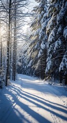 Fototapeta premium Sunlight streams through snow covered trees onto a winter forest path