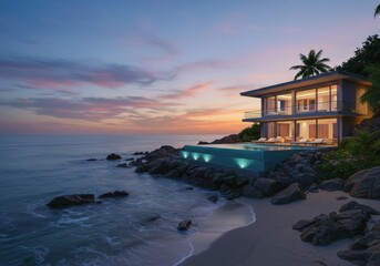 Fototapeta premium Luxurious modern house with infinity pool overlooks ocean during twilight
