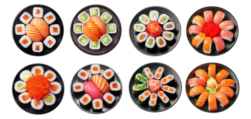 Colorful Sushi Platter Display with Various Fresh Ingredients, Isolated on Transparent, white background