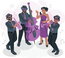 Jazz band performing with singer, bassist, saxophonist, trumpeter music performance