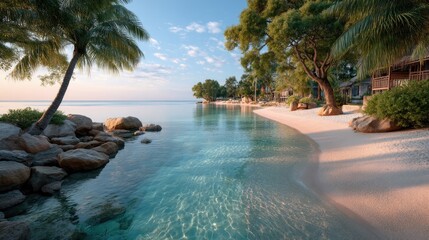 Serene Tropical Beach Paradise With Crystal Clear Turquoise Water And Lush Green Trees At Sunrise Golden Hour With Gentle Waves And Rocky Shoreline Showing Small Beach Bungalows In The Distance