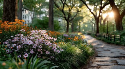 Sunlit garden path lined with colorful flowers and mature trees during golden hour with warm sunlight filtering through leaves creating a peaceful serene atmosphere
