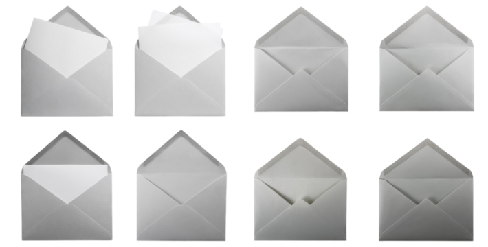 Collection of Blank White Envelopes in Various Arranged Positions, isolated on transparent background