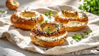 Three bagels topped with cream cheese and herbs
