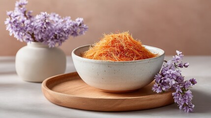 Top Down Styled Product Photo of Golden Saffron Threads in a Textured Bowl with Purple Flowers and Soft Lighting