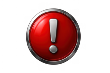 Red warning symbol button with exclamation mark representing alert, error, attention, and danger, transparent background