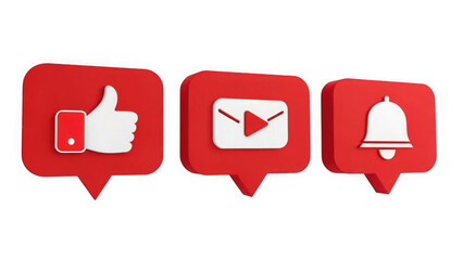 Social media notification icons like, play button, and bell, isolated on transparent background