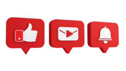Social media notification icons like, play button, and bell, isolated on transparent background