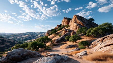 Sunlit Rocky Hillside Landscape Under a Blue Sky with Wispy Clouds and Scattered Green Trees in Dry Grass
