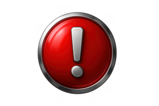 Red warning symbol button with exclamation mark representing alert, error, attention, and danger, transparent background