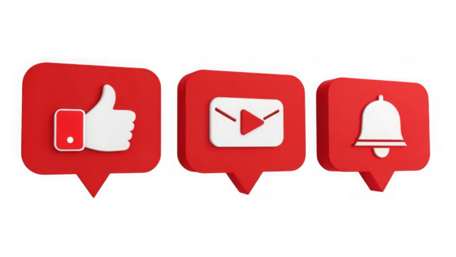 Social media notification icons like, play button, and bell, isolated on transparent background