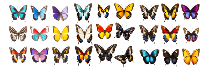 Colorful Butterfly Collection Displaying Various Species and Patterns, Isolated on Transparent, white background