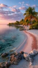 Tropical Beach at Sunset with Palm Trees and Calm Turquoise Water