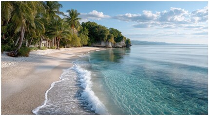 Tropical Beach Paradise With Crystal Clear Turquoise Water Lush Green Palm Trees and Gentle Waves Under a Sunny Blue Sky With Wispy Clouds