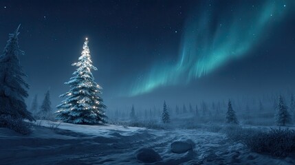 Fototapeta premium Serene Winter Landscape with Northern Lights and Snow-Covered Pine