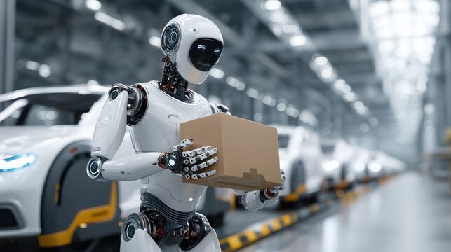 Futuristic Manufacturing Plant With Humanoid Robot Holding Box And Electric Vehicles On Assembly Line