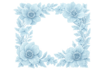Obraz premium Winter floral frame with blue delicate flowers and frozen leaves for elegant invitations and frosty decorations
